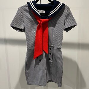 Nautical Navy and White Striped Dress with Red Scarf